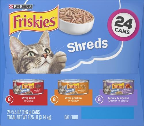 Friskies Wet Cat Food Variety Pack, Shreds Beef Chicken Turkey & Cheese | 48 Pack | 5.5 oz Cans