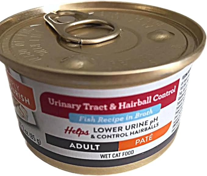 SIMPLY NOURISH Adult Cat Urinary Tract & Hairball Control. Fish Recipe in Broth Pate. Helps Lower Urine pH & Control Hairballs. 6-3oz Cans