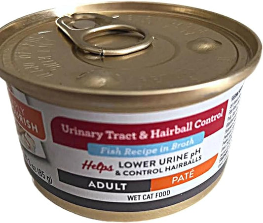 SIMPLY NOURISH Adult Cat Urinary Tract & Hairball Control. Fish Recipe in Broth Pate. Helps Lower Urine pH & Control Hairballs. 6-3oz Cans