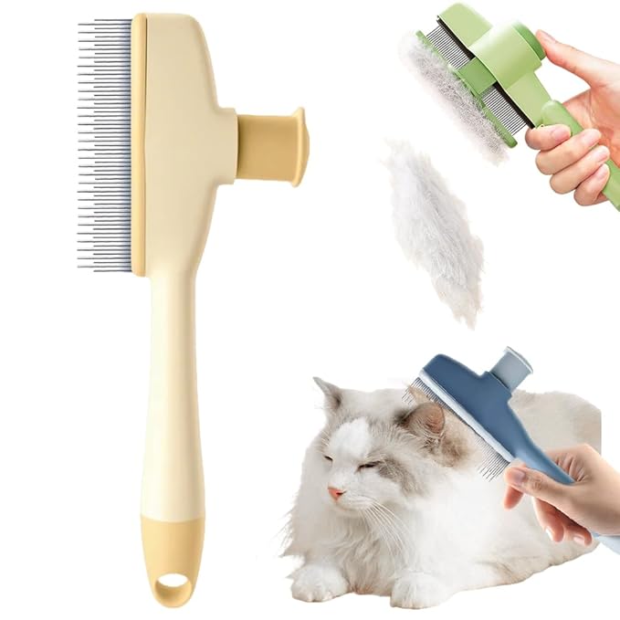 Flea Comb for Cats & Dogs, 2025 New Pet Hair Removal Comb with Release Button, Pet Grooming Brush Cat Dog Combs, Self-Cleaning Cat Brush for Short and Long Hair Cats (Yellow)