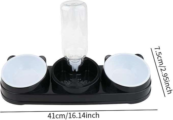 Elevated Double Bowl Pet Feeders with Automatic Water Dispenser Antislip Base for Dog Cats Daily Feeding Watering Supply - Black - Steel Bowl