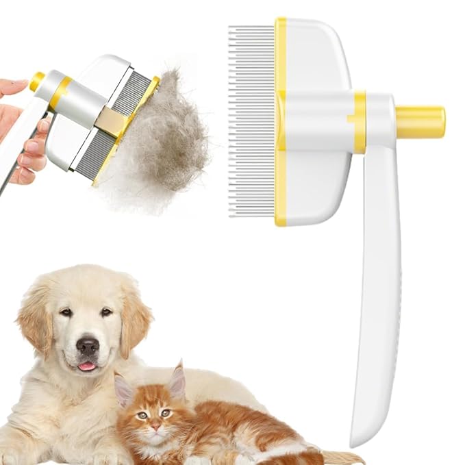 Pet Hair Removal Comb Flea Comb, Multifunctional Cat Brush with Release Button, Grooming Brush Supplies for Detangling Thinning and Shedding, All Hair Types (Yellow)