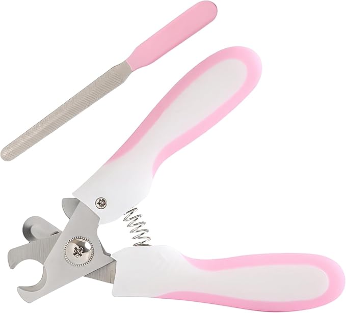 Pet Nail Clippers & Trimmers for Dogs & Cats - with Safety Guard & Free Nail File - Professional Pet Grooming Tool (Pink, Small)
