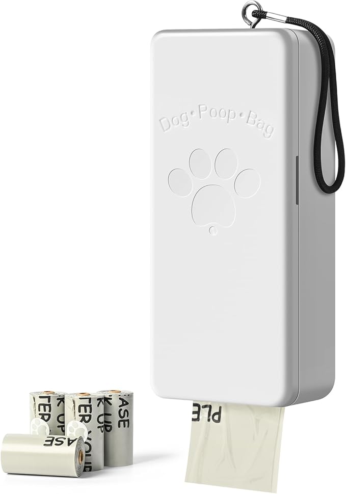 Dog Poop Bag Dispenser Wall Mount with Magnetic Lid, Quick Pull & Easy Access, White Dog Poop Bag Holder for Outdoor Yard, Includes 4 Rolls (60 Bags)