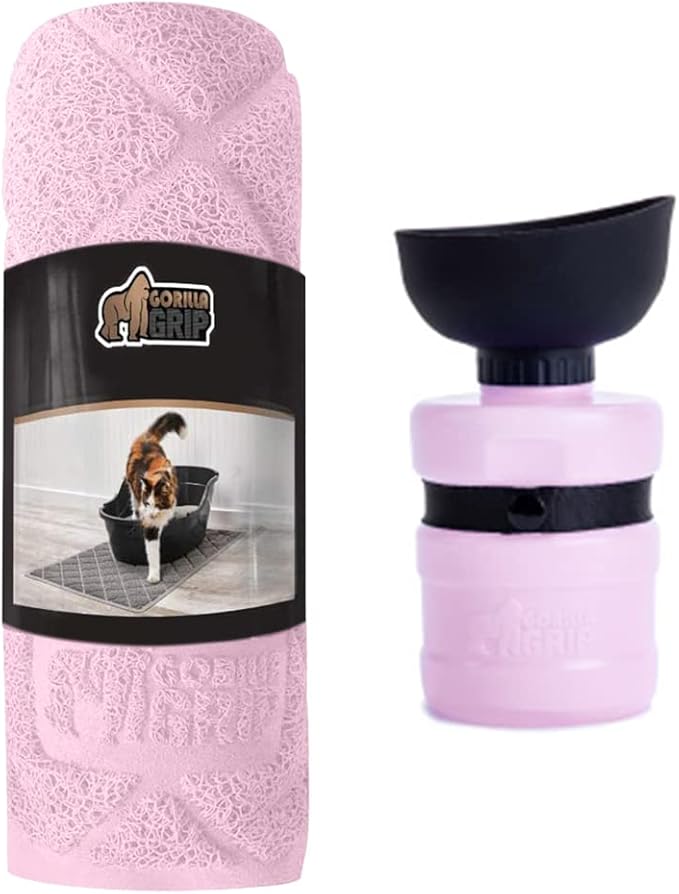 Gorilla Grip Cat Litter Mat and Pet Water Bottle, Both in Pink Color, Cat Litter Mat is Size 35x23, Portable Leakproof Dog Water Bottle is 12 Oz, 2 Items Bundle