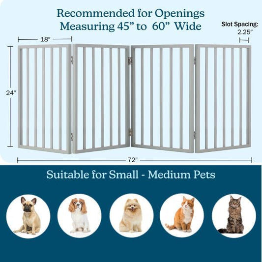 Pet Gate - 4-Panel Indoor Foldable Dog Fence for Stairs, Hallways, or Doorways - 72x24-Inch Retractable Wood Freestanding Dog Gates by PETMAKER (Gray)