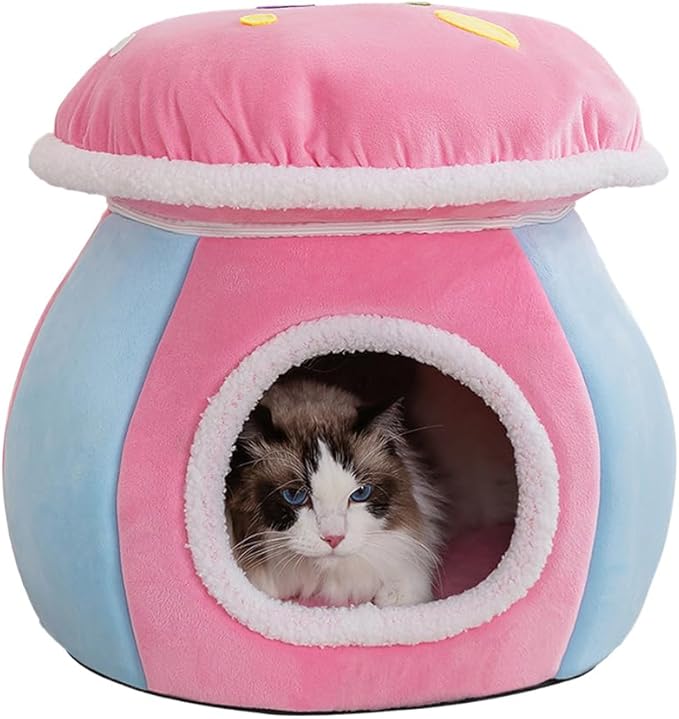 Cute Mushroom Cat House Cat Cave Bed for Indoor Warm Dog nest with Detachable Cushion for Puppy and Kitten