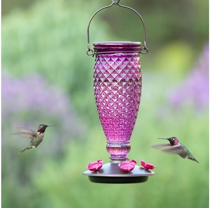 Perky-Pet Diamond Wine Top Fill Glass Hummingbird Feeder with Built-in Bee Guards - Outdoor Garden Décor - 24 Oz Nectar Capacity - 9102-1SR - Purple Humming bird Feeder - Easy to Fill, Easy to Clean