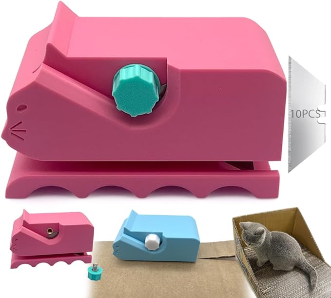 Cardboard Cutter for Cat Scratchers, Cat Scratcher Cardboard Strip Cutter with 10 Spare Blades, 3D Printed DIY Handheld Tool, Gift for Cat Lovers (Pink)
