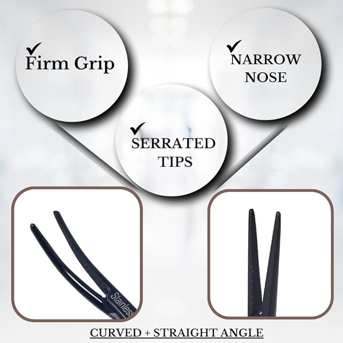HTI Set of 2 Pcs Dog Cat Pet Hair Puller Remover Stainless Steel Hemostat Locking Forceps 5.5" Straight and Curved Full Serrated (Black)