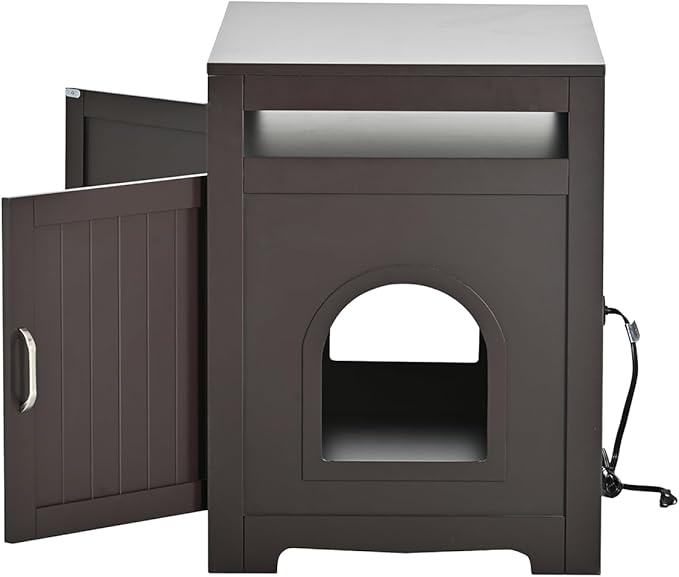 31.5" L Walnut Cat Litter Box Enclosure with Hidden Plug & 2 Doors, Indoor Large Cat Washroom Storage Bench Side Table