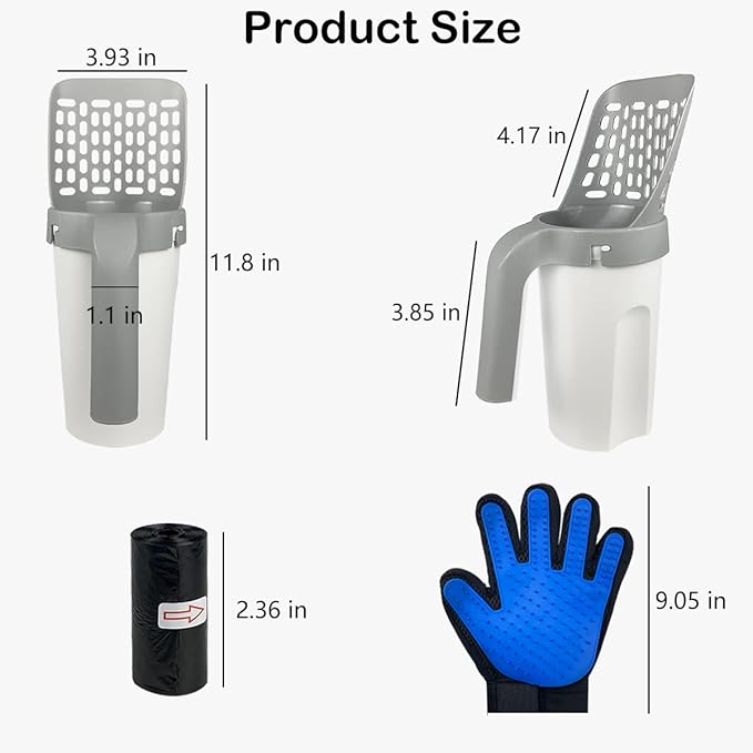 Cat Litter Scoop, Litter Scooper with Holder Removable Manure Sieve Scoop, Large Capacity Cat Litter Scooper Comes with 215 Bags and A Pair of Cat Brush for Shedding Gloves.