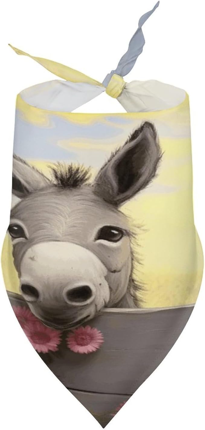 Dog Bandana Spring Pet Scarf Adjustable Triangle Donkey and Flower Printing Dog Bib Washable Polyester Puppy Bandana for Small Medium Large Dogs Cat Birthday Party Supplies