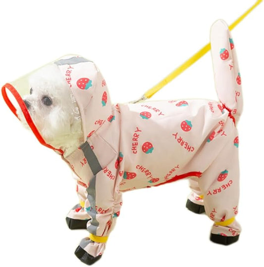Waterproof Dog Raincoat,Full Coverage 4 Legs Dog Rain Jacket for Small Dogs,Pet Rain Coat with Hood,Reflective Strips&Leash Hole Outdoor Raincoat (Small（for Weight 3.3-5 lb）, Strawberry)