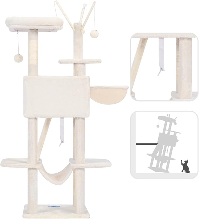 Hey-brother Cat Tree, 53 inch Cat Tower for Indoor Cats, Cat House with Padded Platform Bed, Toy Balls, Large Cozy Condo, Hammocks and Sisal Scratching Posts, Beige MPJ019-SM