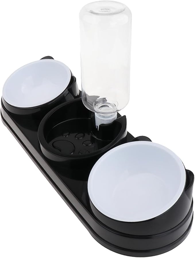 Elevated Double Bowl Pet Feeders with Automatic Water Dispenser Antislip Base for Dog Cats Daily Feeding Watering Supply - Black - Version