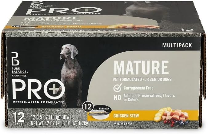 (12 Count) ~ Pure~Balance Pro Chicken Stew Wet Dog Food, Grain-Free for Mature Dogs, Natural High Protein, Supports Healthy Digestion & Joints ~ 3.5 Oz Cups ~ Premium Taste & Nutrition.