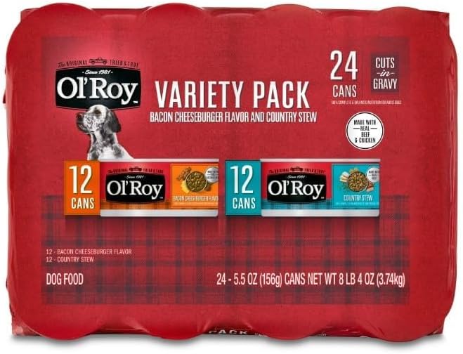 Ol's~Roys Wet Dog Food Variety Pack, 24 Cans, 5.5 oz Each, Bacon Cheeseburger & Country Stew in Gravy, Complete & Balanced Meal, Soft Texture for Small to Large Breeds, No Artificial Flavors