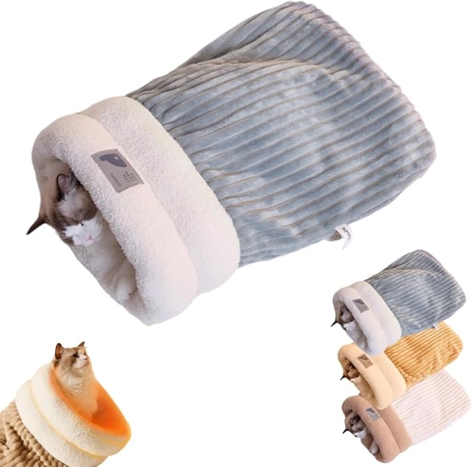 Cat Sleeping Bag, Cats Winter Sleeping Bag for Indoor Cats Cozy Plush Cat Cave Bed, Self-Warming Pet Snuggle Sack for Kitten Puppy Small Dogs (B-Grey Blue 1pcs, L-21"x17.7")