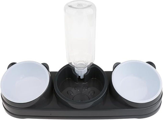 Elevated Double Bowl Pet Feeders with Automatic Water Dispenser Antislip Base for Dog Cats Daily Feeding Watering Supply - Dark Gray - Version