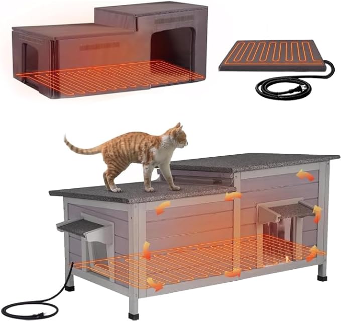 Gutinneen Heated Cat House Outdoor Feral Kitty Shelter with Insulated & Heated Liner Weatherproof Roof Cat Home for Winter,Roomly