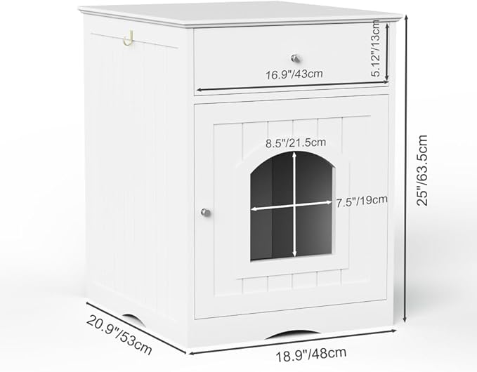 Wooden Pet House Cat Litter Box Enclosure with Drawer, Side Table, Indoor Pet Crate, Cat Home Nightstand (White)