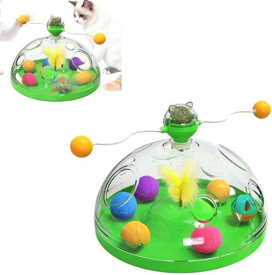 Interactive Cat Toys for Indoor Cats, Kitten Toys with Spinning Dome, Catnip Ball, Feathers & Rolling Balls - Spinning Teaser Toy for Outdoor Cats (Green)