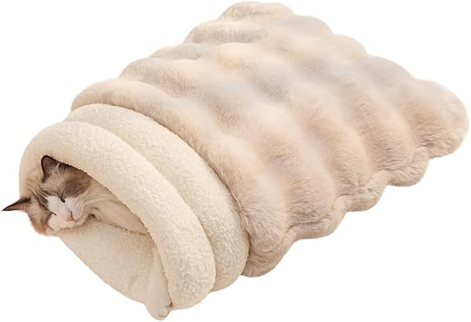 Self-Warming Cat Sleeping Bag, Enclosed Hooded Snuggle Sack with Dual-Side Plush Cat Cave Bed, Portable Foldable Pet Sleeping Pod for Indoor & Travel, Anti-Static, 21.7"x17.7"White
