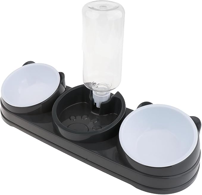 Elevated Double Bowl Pet Feeders with Automatic Water Dispenser Antislip Base for Dog Cats Daily Feeding Watering Supply - Dark Gray - Version