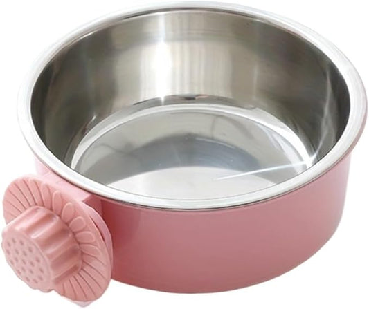Dog Bowl Anti-tip Fixed Hanging Dog Bowl Dog Cage Stainless Steel Drinking Bowl Pet Bowl Pet Supplies(Pink,650ml)