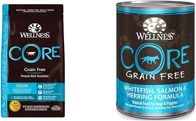Wellness CORE Grain Free Dry Dog Food, Whitefish, Herring Meal & Salmon Meal, 4 Pound Bag CORE Wet Dog Food Pate, Whitefish, 12 Cans, 12.5 Ounce Can