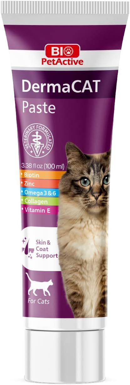 Bio PetActive DermaCAT Skin & Coat Health Supplement Paste for Cats with Biotin, Flaxseed Oil Omega-3, Collagen, Zinc, Prebiotic MOS & Vitamin E – Supports Shiny Coat, Minimize Shedding – 3.38 oz