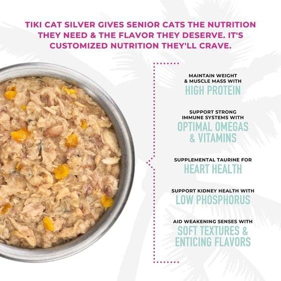 Variety Pack of Tiki-Cat Silver Canned Cat Food for Seniors in 3 Flavors: 4 Chicken/Duck Mousse & Shreds, 4 Tuna/Mackerel and 4 Chicken in Chicken Broth (12 Cans Total, 2.4 Oz Each) Plus Silicone Lid