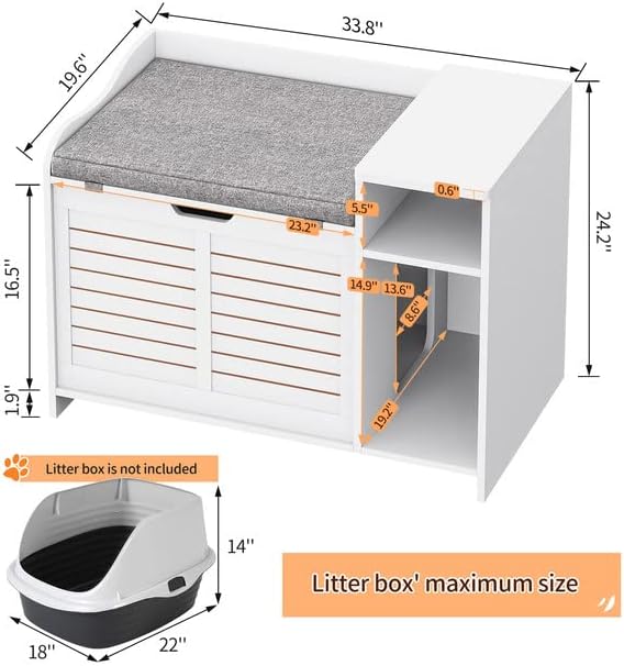 Cat Litter Box Enclosure, Litter Box Enclosure with Top Opening with Cushion, Cat Litter Box Cabinet Furniture Hidden, Litter Box Hidden, Cat House, White Medium