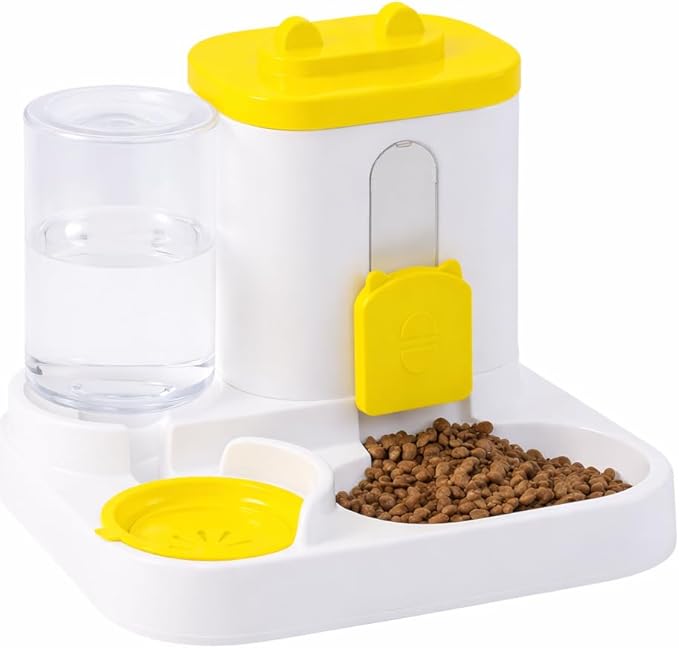 Cat Feeder and Water Dispenser, 2 in 1 Automatic Cat Feeder, 2 Pack Large Capacity Self Feeding for Small Medium Dog Puppy Kitten （Yellow）