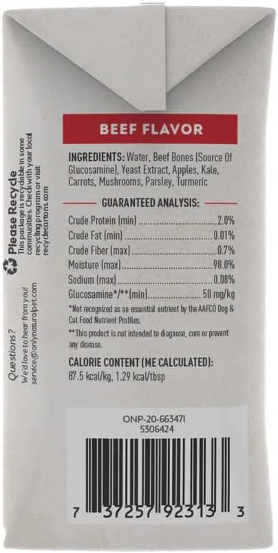Only Natural Pet Bone Broth Beef Flavor Dog & Cat Meal Topper, 100% Human-Grade Slow-Simmered, Free-Range for Dry Food or to Hydrate Dehydrated Food - (2-Pack / 11.16 oz Each)