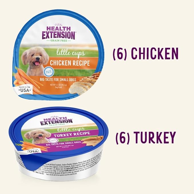 Health Extension Little Cups Grain-Free Wet Dog Food, Small Breed - Variety Box (6 Chicken/6 Turkey) 3.5 oz - Easy to Digest, Ideal for Picky Eaters (Case of 12 Cups)