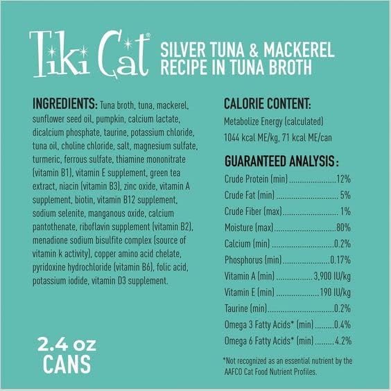 Variety Pack of Tiki-Cat Silver Canned Cat Food for Seniors in 3 Flavors: 4 Chicken/Duck Mousse & Shreds, 4 Tuna/Mackerel and 4 Chicken in Chicken Broth (12 Cans Total, 2.4 Oz Each) Plus Silicone Lid