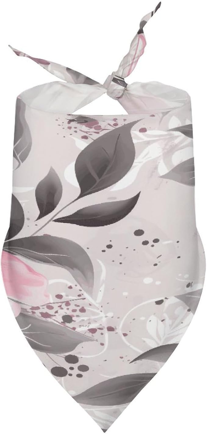 Dog Bandana Spring Pet Scarf Adjustable Triangle Pink Flowers and Leaves on Gray Printing Dog Bib Washable Polyester Puppy Bandana for Small Medium Large Dogs Cat Birthday Party Supplies