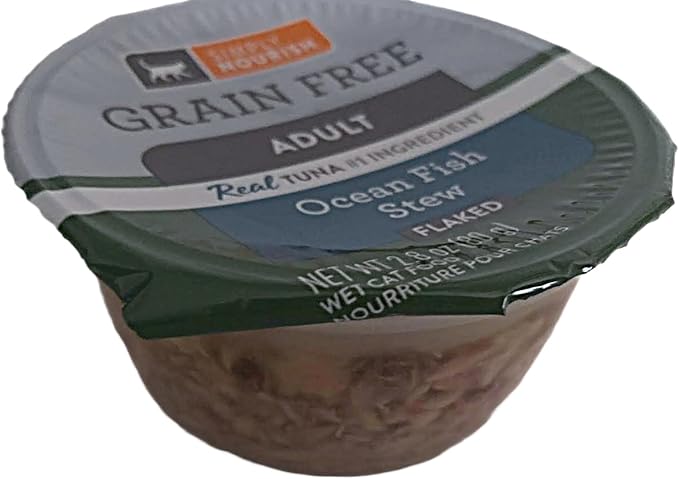 SIMPLY NOURISH Adult Cat Grain Free Stew Flaked. 6-2.8 OZ Cups. Plus Cat Toy Will Vary. (Ocean Fish Stew)