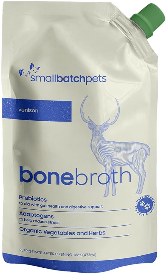 smallbatch Pets Shelf Stable Bone Broth, Organic Beef Recipe with Prebiotics & Adaptogen-Inspired Ingredients, Topper for Dogs - 16 Ounce (Single Pack, Venison)