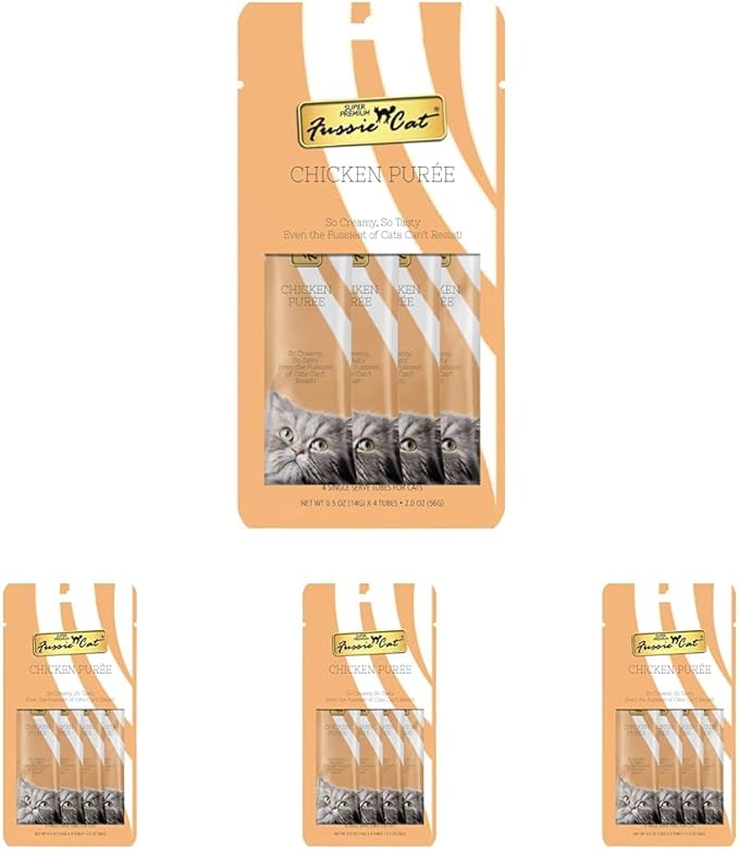 Fussie Cat Chicken Puree, lickable cat Treats, 0.5oz Pouch 4 Count (Pack of 4)