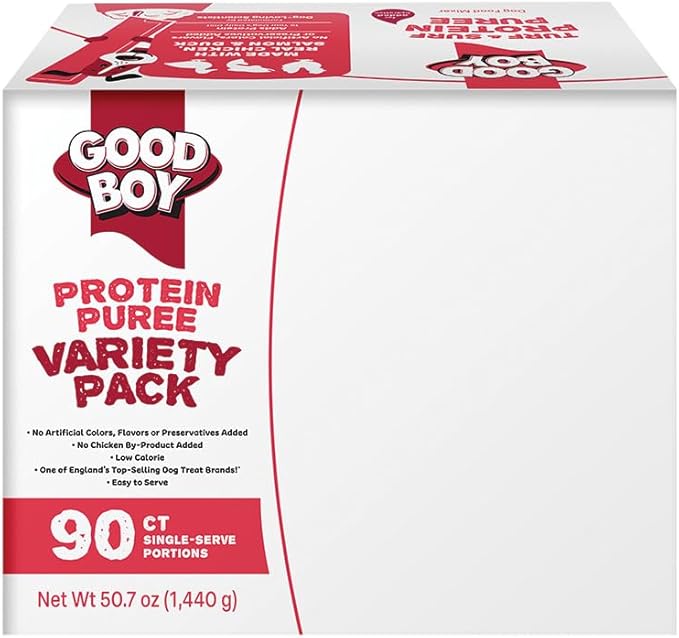 Good Boy Protein Purees Variety Pack Dog Food Mixers for All Adult Dogs, 90 Count, Easy Single-Serve Triple Flavor Topper Treats with Chicken, Salmon, Duck, Beef and Rabbit