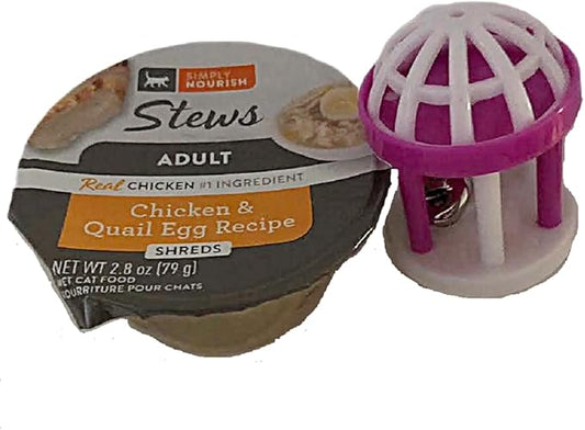 SIMPLY NOURISH Adult Cat Stew Shreds 6-2.8 Ounce Cups. Plus Cat Toy Will Vary. (Chicken & Quail Egg Recipe)