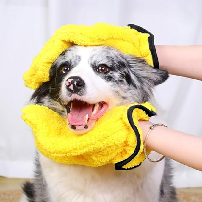 2026 New Corals Fleece Pet Grooming Gloves, Soft Cat Bathing Mitts, Gentle Absorbent Towel Gloves, Reusable and Lightweight, Quickly Drying Dogs Cats (Blue+Yellow, 4pcs)