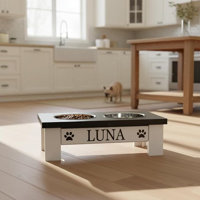 GTW Classic Elevated Dog Feeder – Wooden Elevated Stand with Stainless Steel Bowls, Anti-Slip Farmhouse Design (X-Small, Black)
