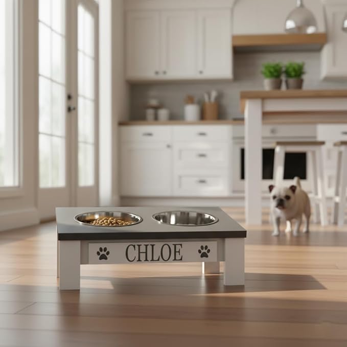 GTW Classic Tilted Elevated Dog Feeder – Angled Wood Stand with Stainless Steel Bowls for Short-Nose Dogs, Anti-Slip Farmhouse Design (Tilted, Grey)