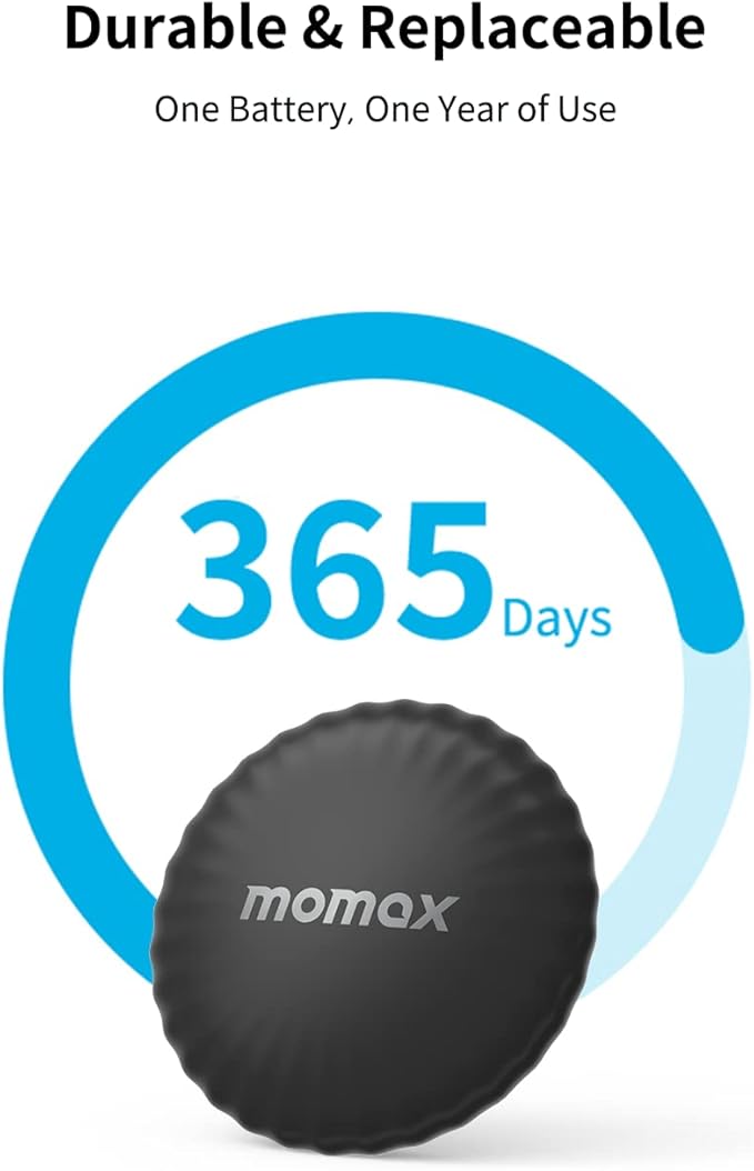 MOMAX Item Finder, Lost Key Finder Works with Apple Find My(iOS Only), Finder with APP, Sound Location, 1 Year Replaceable Battery, Key Locator for Luggage, Suitcase, Wallet