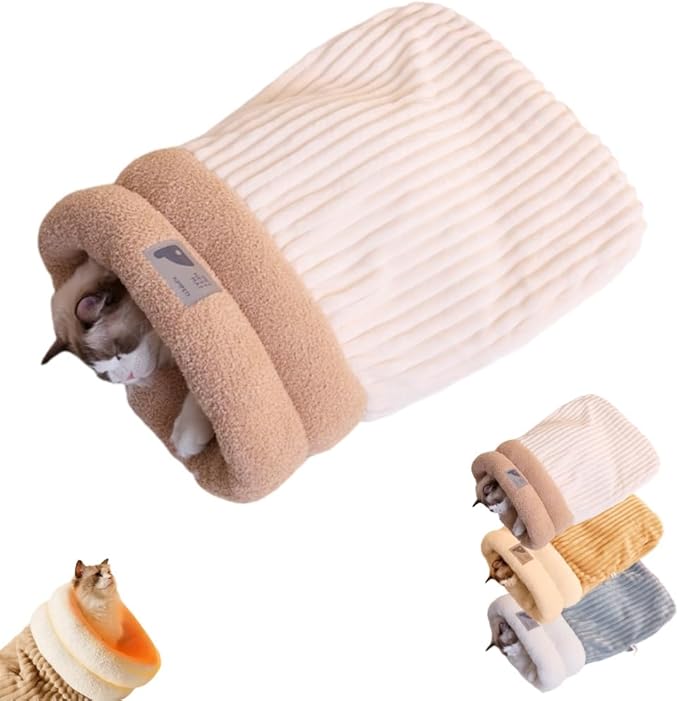 Cat Sleeping Bag, Cats Winter Sleeping Bag for Indoor Cats Cozy Plush Cat Cave Bed, Self-Warming Pet Snuggle Sack for Kitten Puppy Small Dogs (B-Beige 1pcs, M-17"x14.5")