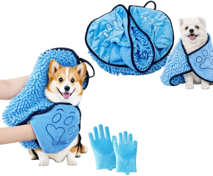 Super Absorbent Dog Bath Towel & Grooming Glove Set – Soft Chenille Dog Drying Towel for Small Dogs & Puppies, Quick Dry, Machine Washable, Non-Toxic, Blue
